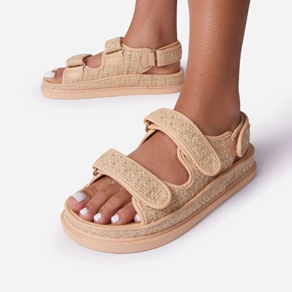 Ego Official  Hyped Double Strap Flat Dad Sandal In Natural Nude Woven Fabric - Picture 1 of 12